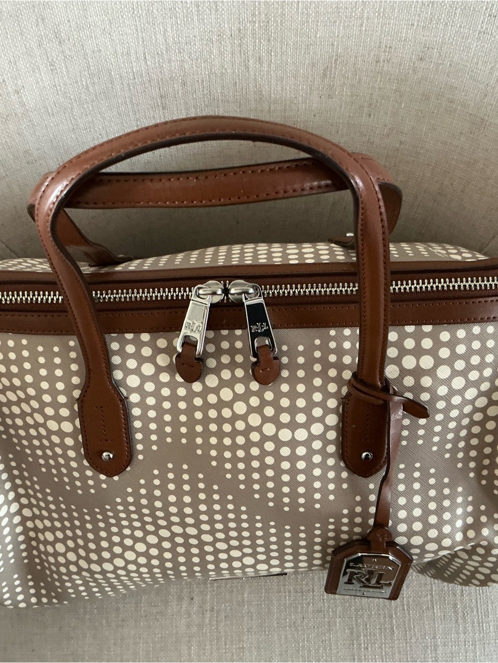 Ralph Lauren beige grey and brown polka dot leather satchel handbag footed